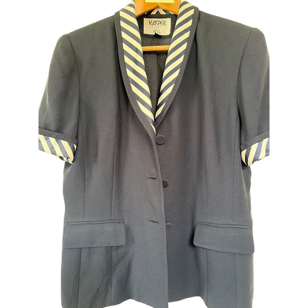Vintage Kasper ASL Navy Short Sleeve Blazer Striped Shawl Collar Nautical Size12
